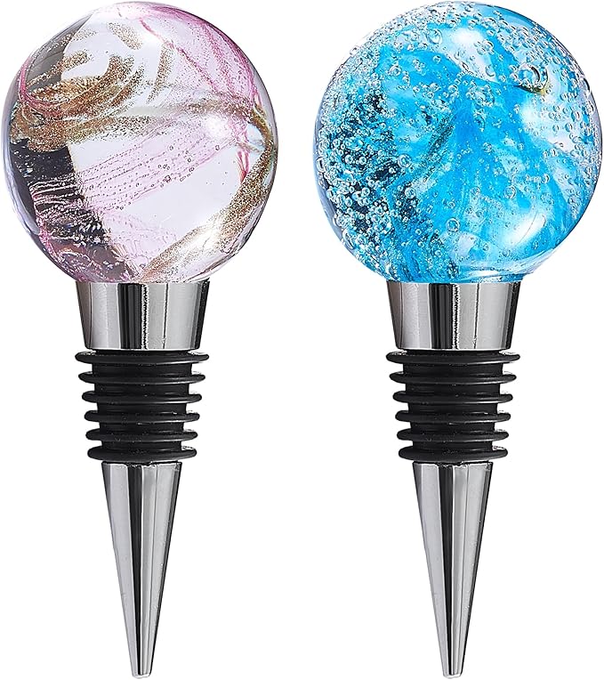 Murano Glass Wine Bottle Stopper Blown Glass Art Deco Ball, Reusable Wine Stoppers for Beverage Bottle Stoppers Decorative Bottle Stoppers for Gifts, Bar, Holiday Party, Wedding, Pack of 2