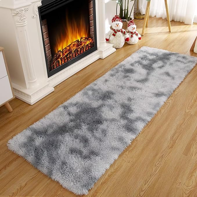 2x6 Rug Runner Faux Fur Fluffy Area Rug for Bedroom Extra Soft Fuzzy Rugs Plush Shaggy Throw Carpet for Nursery Kids Room Non Slip Non Shedding Home Decor Rug for Living Room,Tie Dye Light Grey
