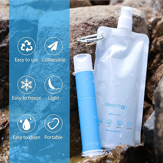 Waterdrop Water Pouch for Drinking, Hiking Water Bag, Pouch Water Bottle, Compatible with Filter Straw, Reuseable, Foldable, BPA-Free, 16 oz, Pack of 3