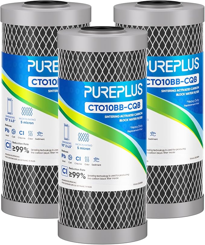 PUREPLUS 5 Micron 10" x 4.5" Whole House Lead Removal Water Filter, Enhanced Coconut Shell Activated Carbon Water Filter, Replacement Cartridge, CTO10BB-CQB, 3 PACK