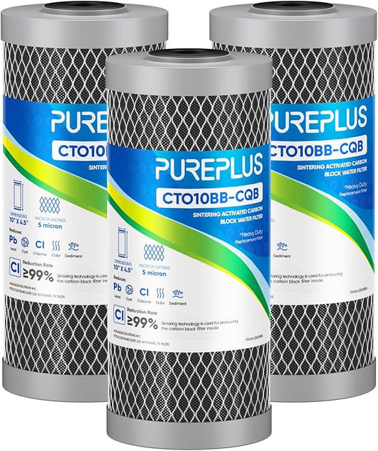 PUREPLUS 5 Micron 10" x 4.5" Whole House Lead Removal Water Filter, Enhanced Coconut Shell Activated Carbon Water Filter, Replacement Cartridge, CTO10BB-CQB, 3 PACK