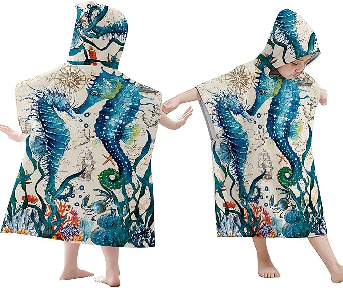 Seahorse Beach Towel with Hood for Boys Girls Premium Microfiber Kids Hooded Bath Towel Toddler Swim Pool Cover Up for 2-8 Years