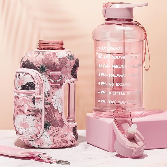 Fimibuke Half Gallon Water Bottle with Sleeve 64 OZ Water Bottle with Handle & Straw Leakproof Motivational Sports Gym Water Bottle with Time Marker BPA Free Water Jug with Reusable Neoprene Holder