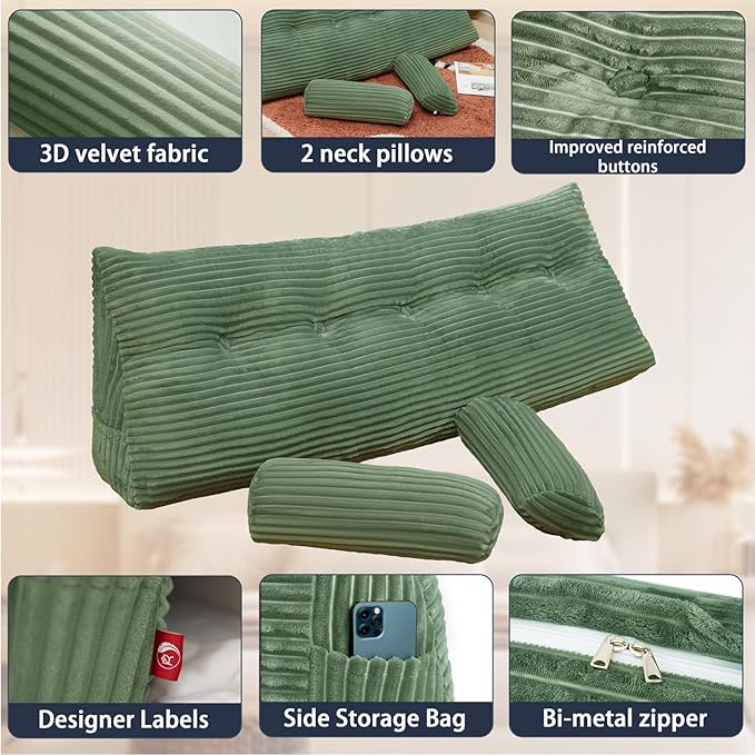 Headboard Wedge Pillow with 2 Pack Neck Roll Pillow Large Headboard Pillow Soft and Supportive with Removable Cover (sage Green, Queen:59x8x20 Inches)