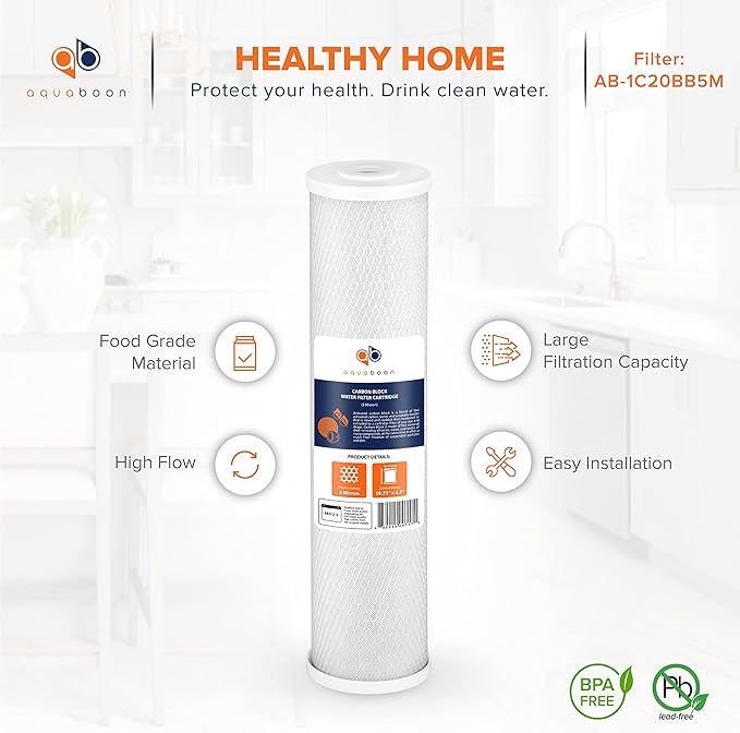 Aquaboon Whole House Water Filter Replacement Set - 5 Micron Water Filters 20 x 4.5 Inch: Sediment Filter, Granular Activated Carbon Water Filter, Carbon Block Water Filter for Water Filtration System