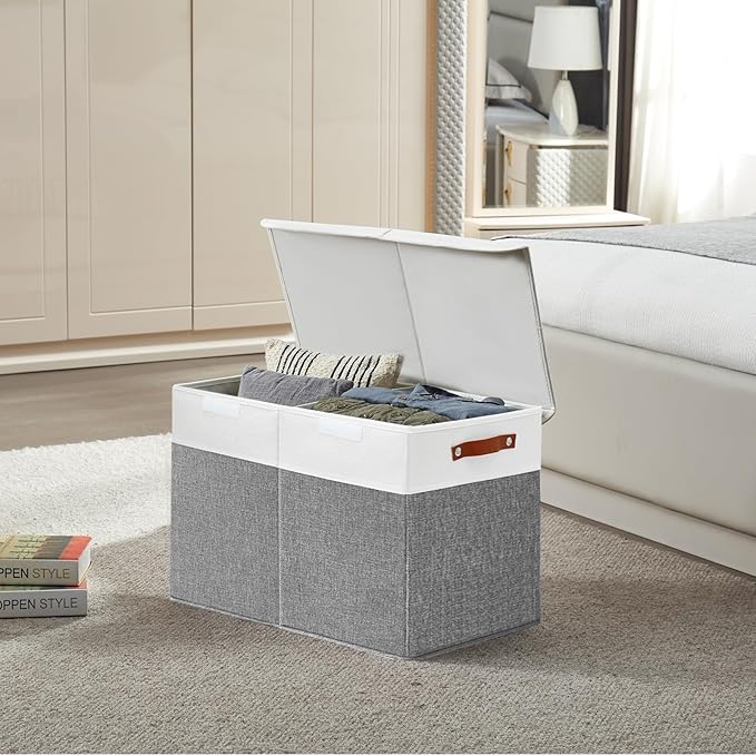 Large Toy Storage Box with Lids, Collapsible Sturdy Baby Storage Organizer Chest Bin Basket for Kids, Boys, Girls, Playroom, Nursery, Bedroom, Closet 25"x13"x16" (Gray and White)