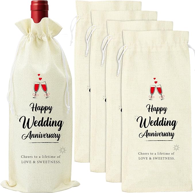 Omoojee 4 Pcs Wedding Anniversary Wine Bag, Couple Gift for Married Anniversary, Flax Drawstring Wine Bag