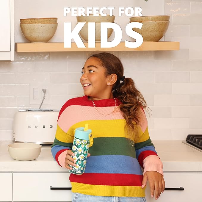 Elemental Leak Proof Water Bottles for Kids - Splash Kids Water Bottle for School with Fun Fidget Pop-it Handle - BPA Free Tritan Plastic Reusable Water Bottle with Straw - Daisy Heart - 18oz