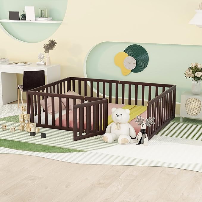 Full Size Floor Bedframe with Door and Safety Guardrails Fence, Solid Wooden Toddler Montessori Platform Bed for Children Bedroom, Boys Girls, Kids Playroom