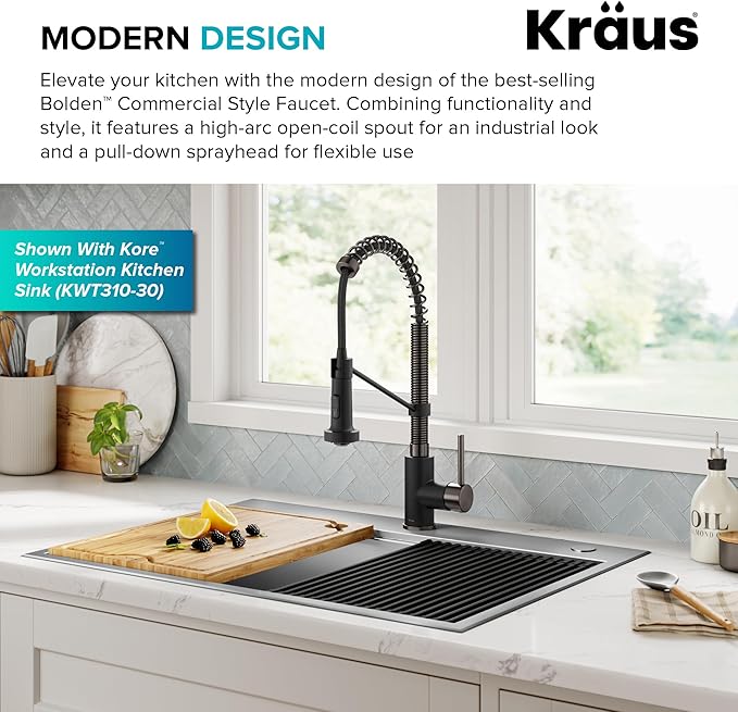 Kraus KPF-1610MBSB Bolden 18-Inch Commercial Kitchen Faucet with Dual Function Pull-Down Sprayhead in all-Brite Finish, Matte Black/Black Stainless Steel