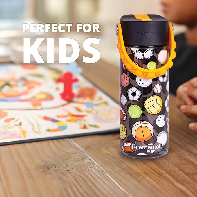 Elemental Leak Proof Water Bottles for Kids - Splash Kids Water Bottle for School with Fun Fidget Pop-it Handle - BPA Free Tritan Plastic Reusable Water Bottle with Straw - Sports Ball - 18oz
