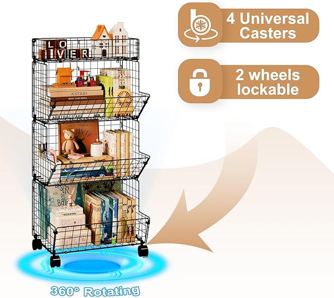 Bath Toy Storage Organizer, 4 Tier Rolling Outdoor Toy Storage, Wire Toy Organizer Kids Bookshelf for Playroom Bedroom (Black, Extra Large)