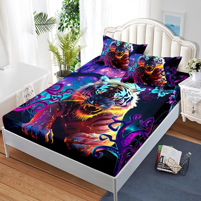AILONEN Tiger Fitted Sheet Set Queen Size, Purple Magic Forest Fierce Tiger Bed Sheet Set for Boys Girls,Howling Tiger Soft Breathable Fitted Sheet and 2 Pillowcases,3 Pieces