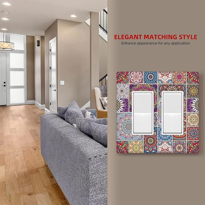 Morocco Talavera Mexican Tiles Printed Colroful Mandala 2 Gang Rocker Decora Light Switch Covers Dual Outlet Covers Wall Plate Decorative Switchplate Electrical Faceplate GFCI for Kitchen Bathroom