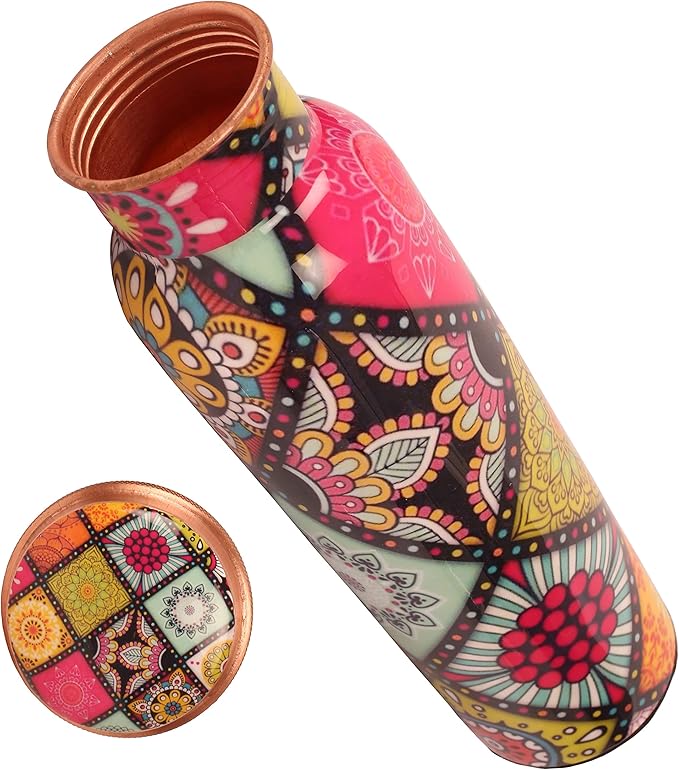 Pure Copper Water Bottle - Handcrafted - Ayurveda health benefits - Large 35 oz - Leak proof - Easy to carry for Sports, Fitness, Yoga, School - Artistic Floral Petals Multicolor Enamel
