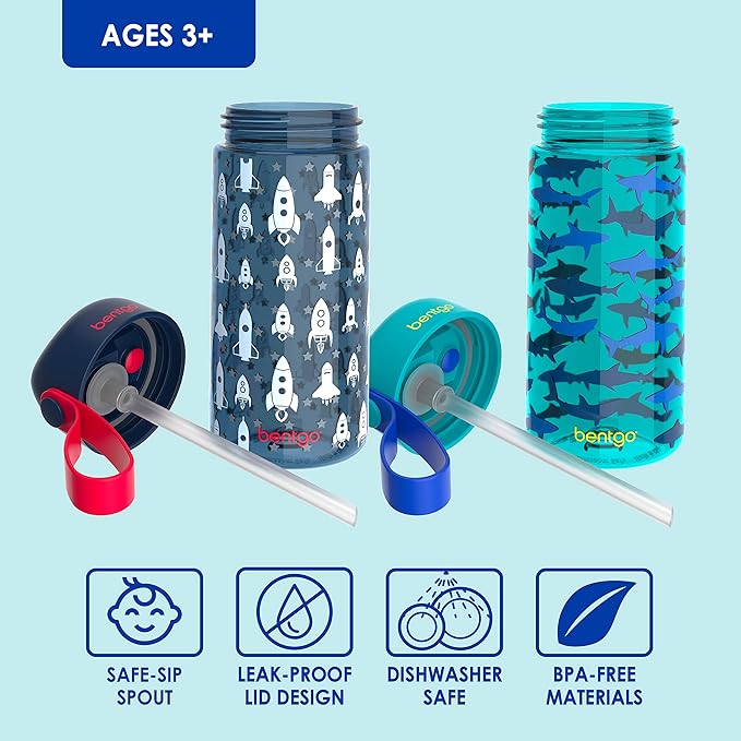 Bentgo Kids Water Bottle 2-Pack - Leak-Proof, Durable Tritan™, BPA-Free 15 oz Cup for Kids/Toddlers 3+; Flip-Up Straw; Dishwasher Safe for School/Sports/Daycare/Camp (Rocket/Shark)