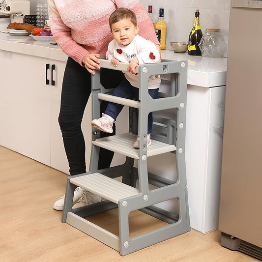 SDADI Mother's Helper Adjustable Height Plastic Kitchen Step Stool for Children, Kids Toddlers Counter Level Learning Stool for Kitchen & Bathroom,Dark Grey and Light Grey