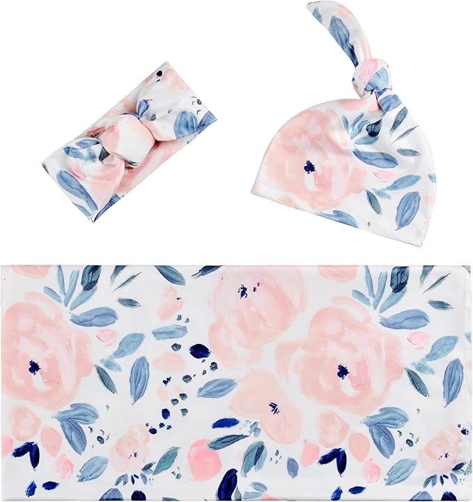 Newborn Baby Girl Receiving Blanket Swaddle Blanket Stretchy Knit Swaddle Set with Matching Headband and Beanie (Ink and Pink Floral)