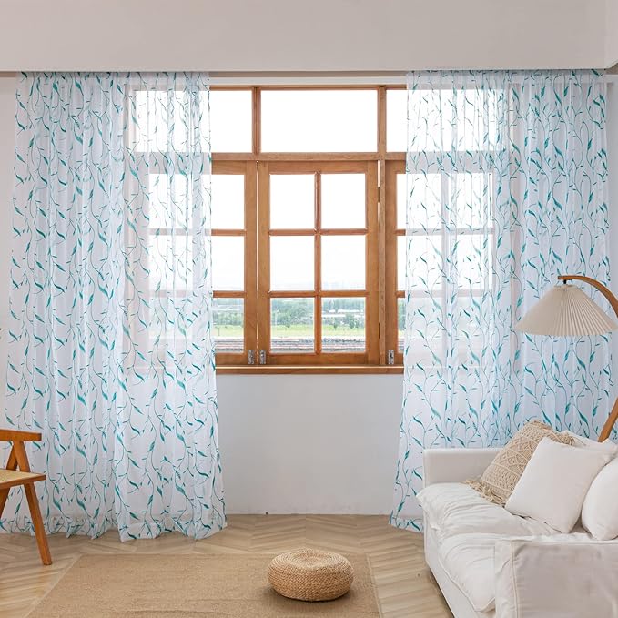 Windows Sheer Curtains Embroider Green Leaf 90 Inches Length 2 Panels Voile Light Filtering Sheer Curtains Panel Basic Rod Pocket for Bedroom Living Room Children Room