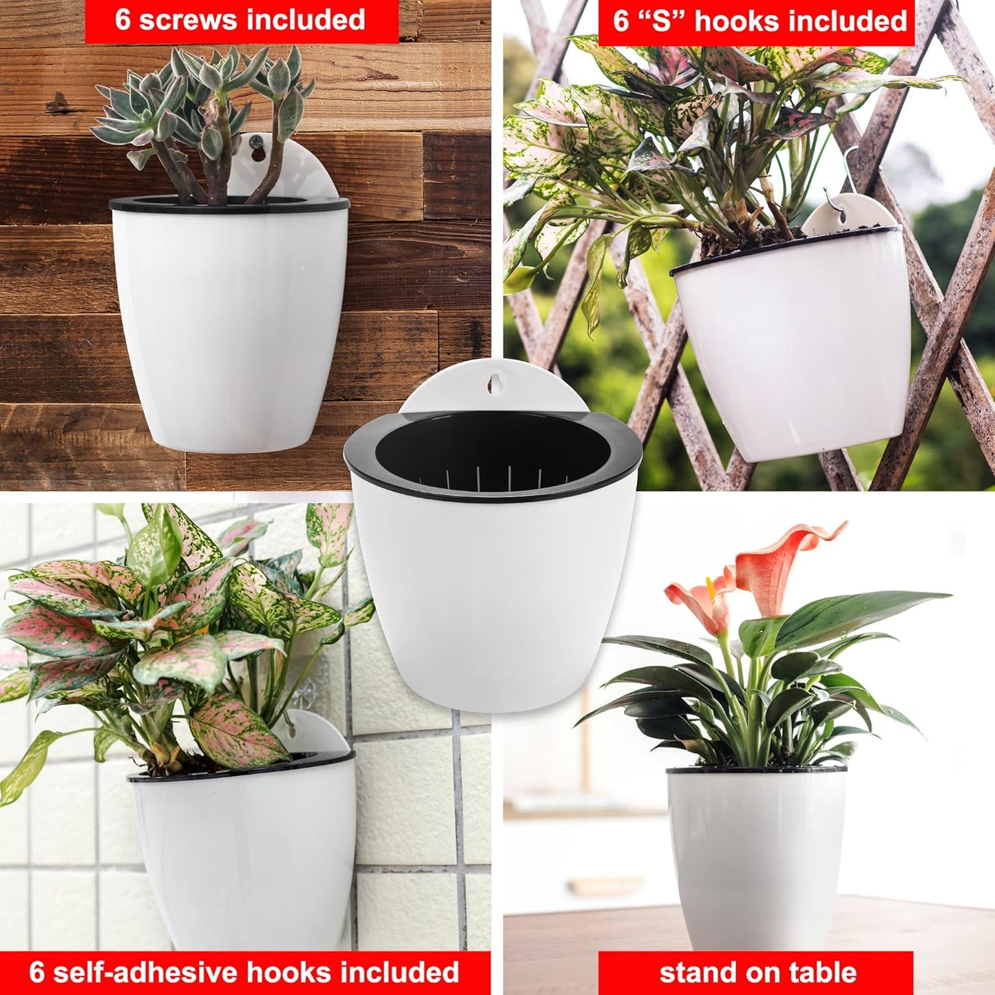 6 Pack White Hanging Planter Pots Self Watering Vertical Garden Wall Mount Window Hang Round Plastic Container Indoor Outdoor for Plants Flowers Succulent Kitchen Living Herbs Holder Decor(Large)