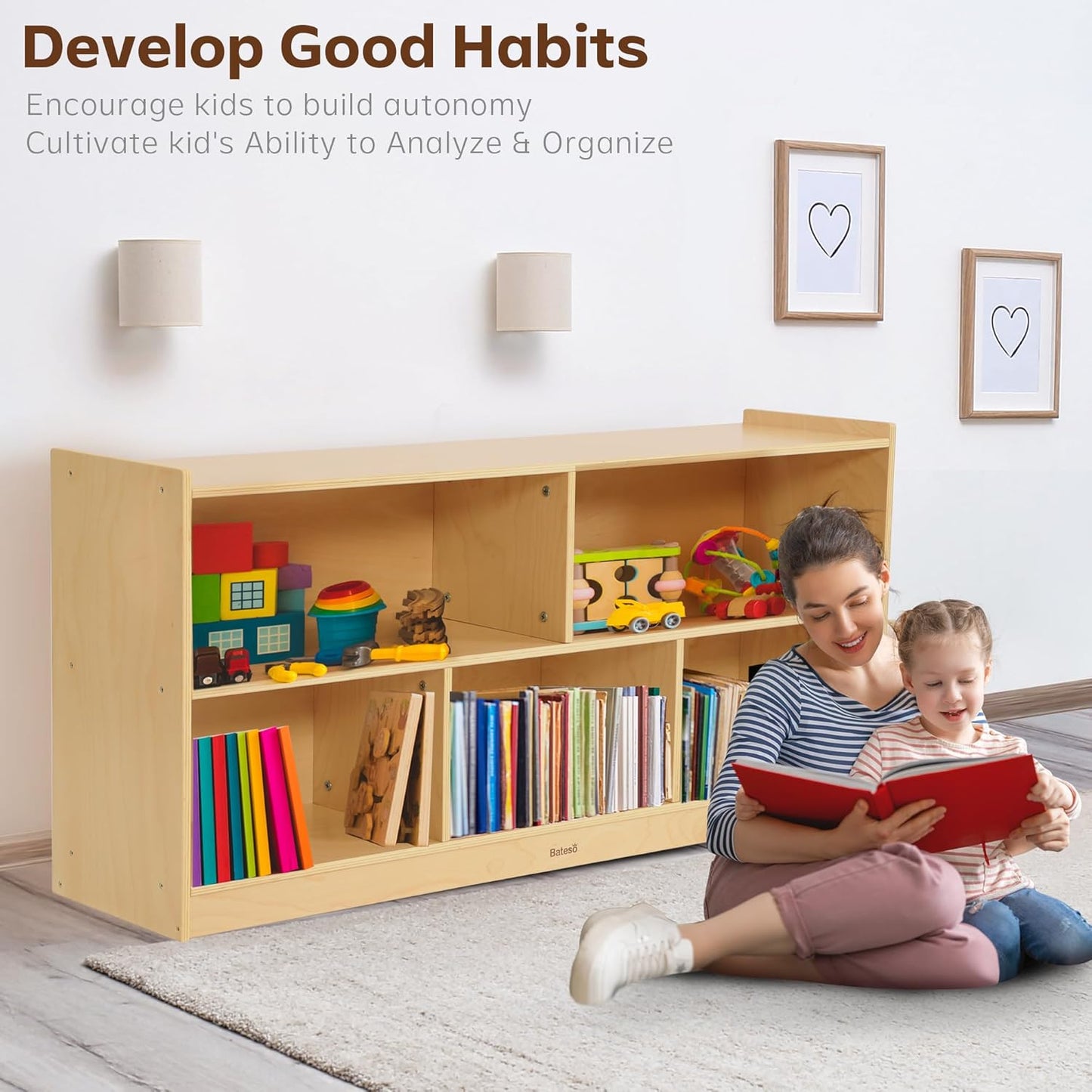 Toy Storage Organizer for Kids Room, Wooden Kids Bookshelf for Classroom, Cube Storage Organizer for Playroom, 5-Section Montessori Bookshelf & Toy Shelf for Nursery