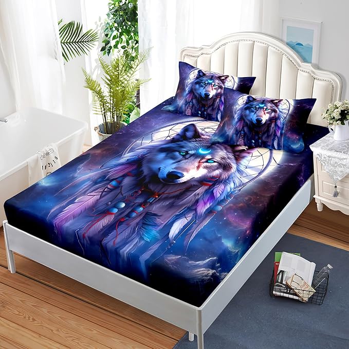 AILONEN Wolf Dream Catcher Fitted Sheet Set Queen Evening Purple Galaxy Starry Moon Wolf Bed Sheet with 2 Pillowcases,3 Pieces Wolf Print Boys Girls Queen Fitted Sheet Set
