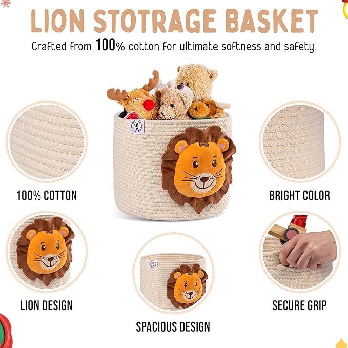 Lion Baby Basket - Charming Cotton Rope Nursery Basket, Cute Basket for Lion Nursery Decor and Toy Baskets for Kids Room, Decorative Animal Baskets for nursery