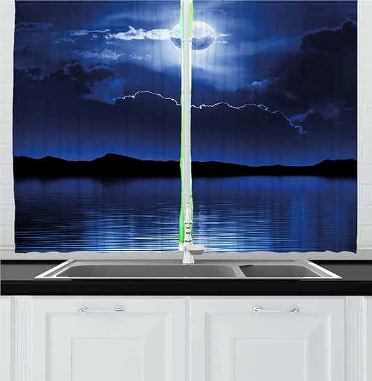 Ambesonne Night Kitchen Curtains, Fantasy Moon and Clouds Over Calm Water Seascape Dramatic Cloudy Dark Sky, Window Drapes 2 Panel Set for Kitchen Cafe Decor, 55" x 36", Navy Blue