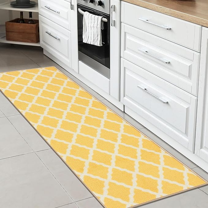 Machine Washable Moroccan Trellis Design Non-Slip Rubberback 2x6 Traditional Indoor Runner Rug for Hallway, Kitchen, Bedroom, 2'2" x 6', Yellow