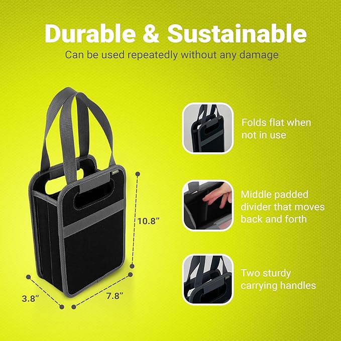 meori – Collapsible 2 Bottle Wine Carrier, Durable Wine Tote Bag, Tear-Resistant Reusable Drink Tote Bags for Alcohol, Foldable Drink Carrier, Portable Wine Carrier