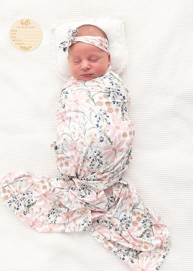 Newborn Baby Girl Receiving Blanket Swaddle Blanket Stretchy Knit Swaddle Set with Matching Headband and Beanie with a Name Card (Golden Floral)