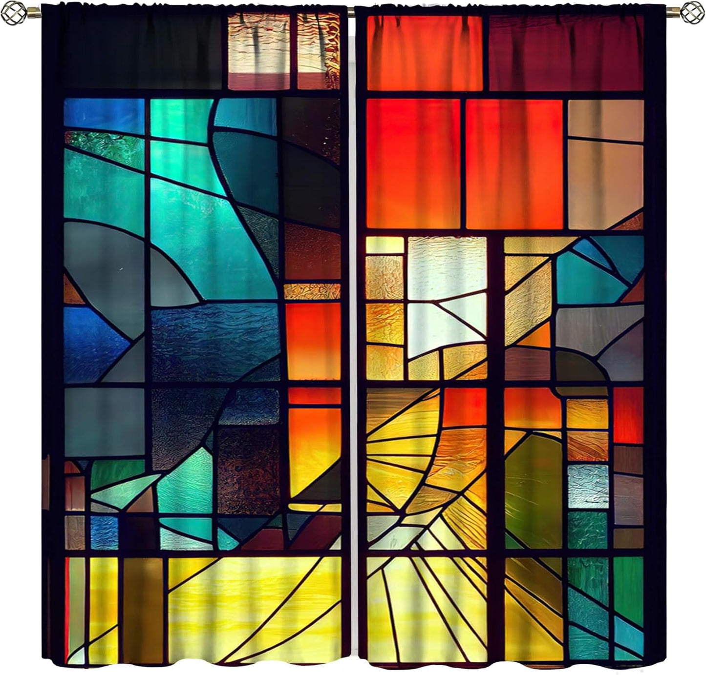 Stained Glass Curtains,Retro Abstract Colorful Geometry Textures Art Home Decor Drapes for Bedroom Living Room Kitchen Window Treatment 2 Panels Set Total Size 84" W X 84" L Inch