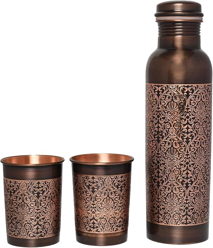 Pure Copper Water Bottle with 2 Tumblers Set, Beautiful Floral Pattern For Ayurveda Health Benefits