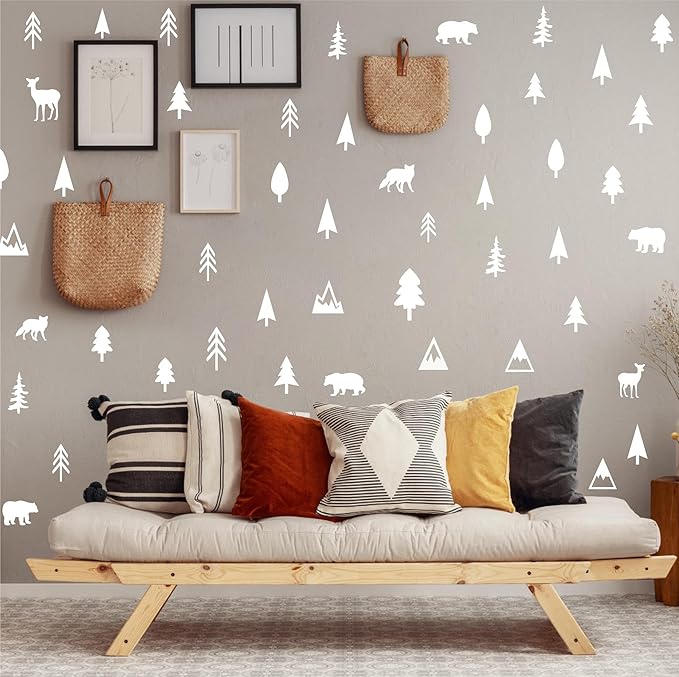Woodland Animal Wall Decals Vinyl Pine Tree Wall Stickers Forest Animal Wall Stickers Mountain Small Tree Animals Deer Bear Wolf Woodland Wall Decals for Nursery Bedroom Kids Room Decor