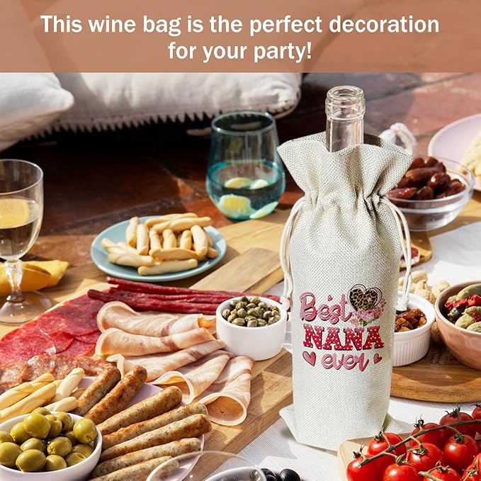 Best Nana Ever Wine Gift Bag, Grandma Gifts for Grandma from Grandchildren, Gift for Mimi Gigi Grandmother, 1pcs Reusable Burlap Wine Gift Bag for Wine Bottles, Mother's Day Holiday Party Favor -23