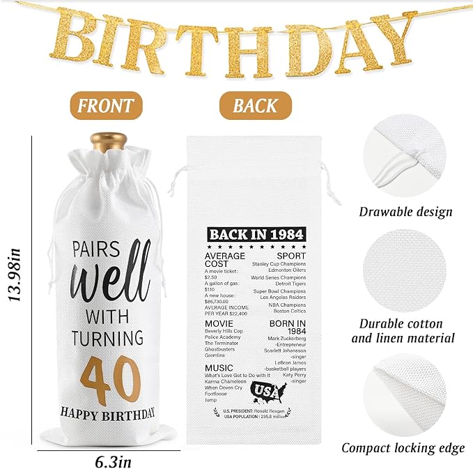 Lifecapido 40th Birthday Gifts for Women, Vintage 1984 Limited Edition Insulated Wine Tumbler with Wine Bag, 40 Year Old 40th Birthday Presents Christmas Gifts for Sisters Wine Lover Friends, 12 oz