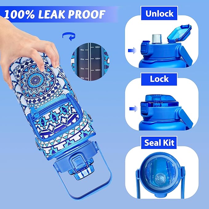 64 oz Water Bottle with Straw Sleeve & Strap Motivational Half Gallon Water Jug with Handle for Gym Women Men Aesthetic Water Bottle with Strap Datura