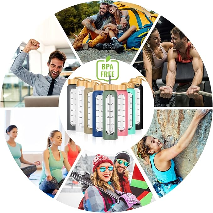 32 oz Glass Water Bottles with Straw - Motivational Bottle with Time Marker & Silicone Sleeve - Reusable Tumbler Includes 2 Bamboo Lids & Fruit Infuser - 1 Pack