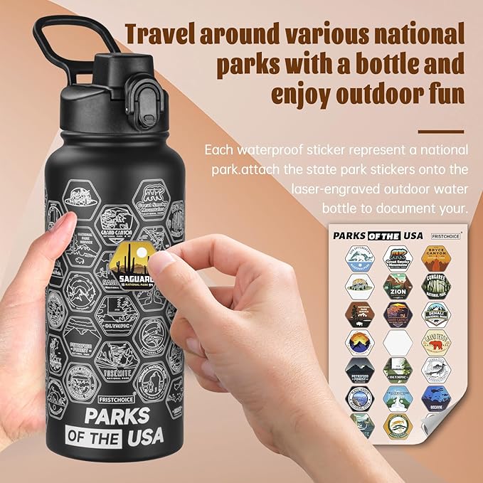National Parks Water Bottle with Stickers and Straw,32oz Double Wall Vacuum Wide Mouth Insulated Water Bottle for Travel,BPA-free and Leak-proof (32oz,Black)