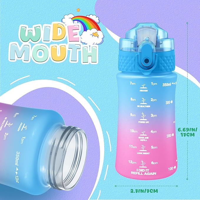 OLDLEY Kids Water Bottle for School, 12 oz (2 lids) BPA-Free Reusable Leak-proof Durable Tritan Plastic Water Bottles with Straw & Chug Lids, Anti-dust Spout Cover (Lake)