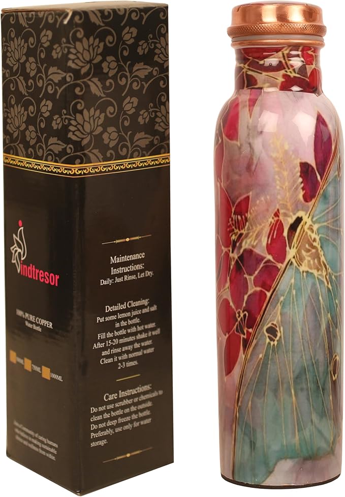Pure Copper Water Bottle - Handcrafted - Ayurveda Health Benefits - Large 35 oz - Leak proof - Easy to carry for Sports, Fitness, Yoga, School - Textured Red Floral Patterns