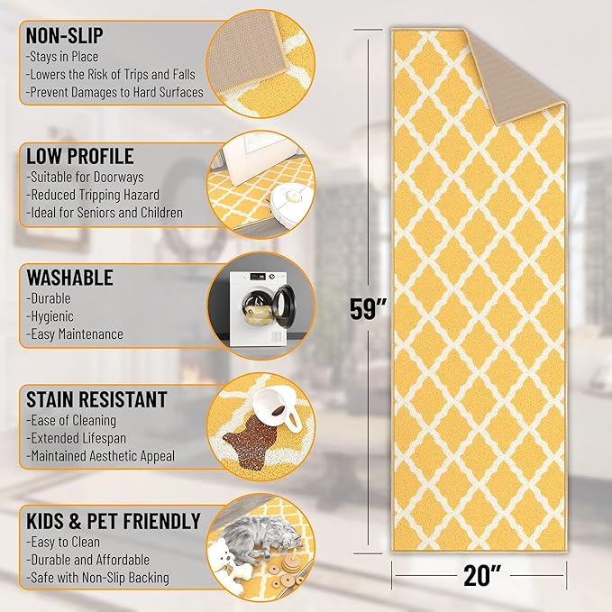 Machine Washable Moroccan Trellis Design Non-Slip Rubberback 2x5 Traditional Indoor Runner Rug for Hallway, Kitchen, Bedroom, Entryway, 20" x 59", Yellow