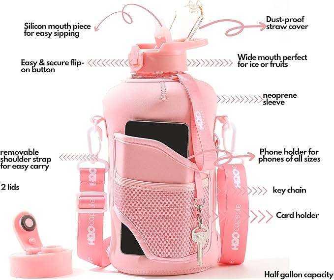 H2O Capsule 2.2L Half Gallon Water Bottle with Storage Sleeve and Removable Straw – BPA Free Large Reusable Drink Container with Handle - Big Sports Jug, 2.2 Liter (74 Ounce), Rose Quartz