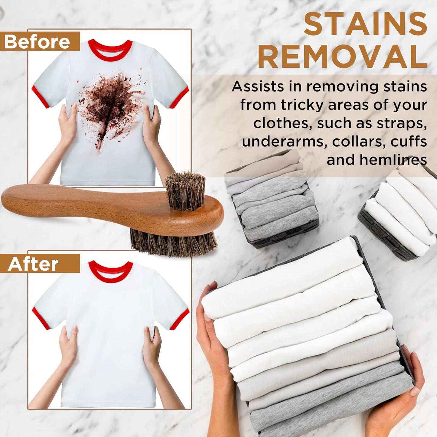 DUGATO Dual-Bristle Horsehair Laundry Stain Brush Set (2pcs) - Gentle & Tough Scrubbing for Clothes, Fabrics, Shoes - Pre-Wash Spot Treatment Tool