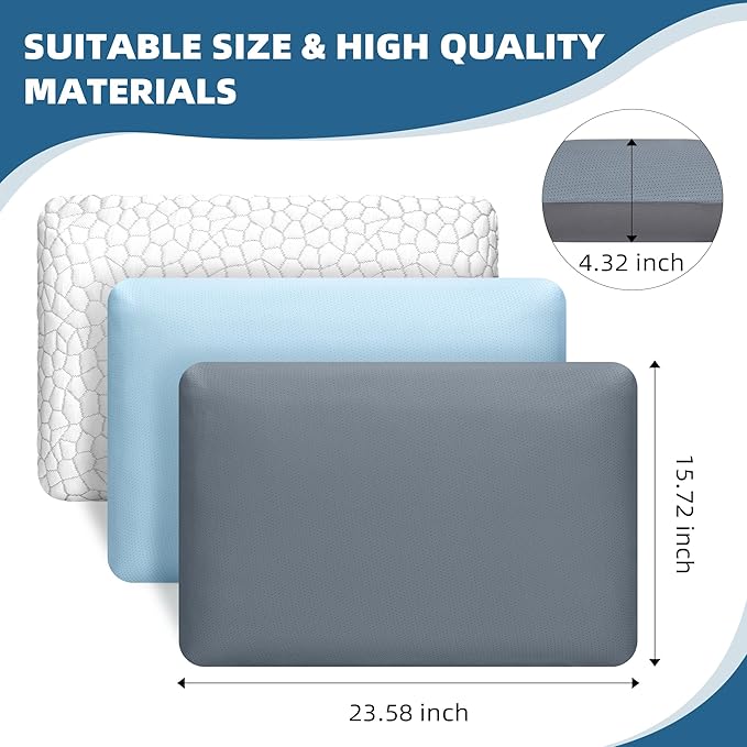 Memory Foam Cooling Pillow Standard Size Pillows Neck & Shoulder Support - for Back, Side, & Stomach Sleepers Grey