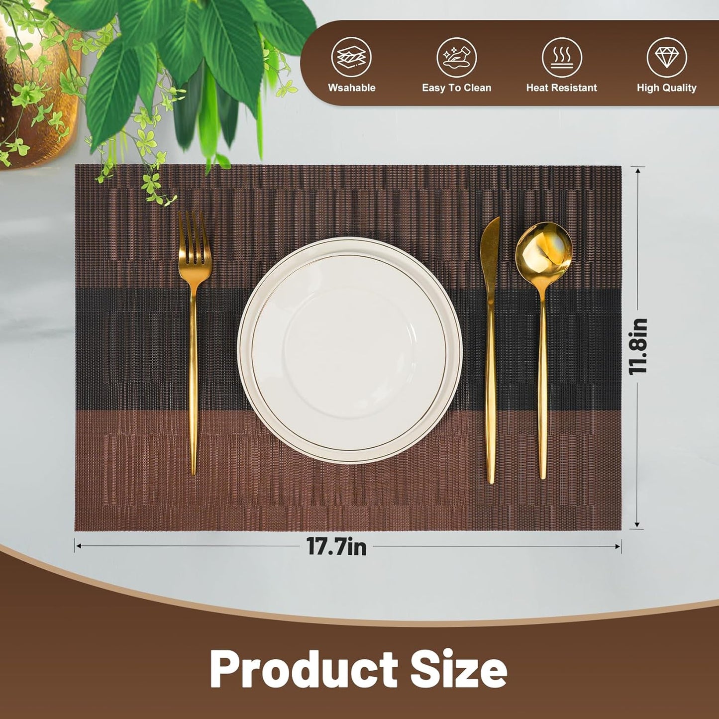 Placemats Set of 6，Non-Slip PVC Weave Table Mats Easy to Clean，Heat Resistant Place Mats for Kitchen Dining Table Decoration Indoor Outdoor，Black Brown