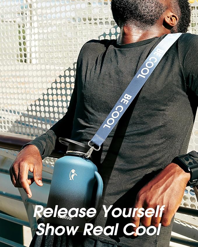 64 oz Water Bottle Insulated with Handle, Coolflask Half Gallon Water Jug With Strap Straw Stainless Steel Double-Walled Vacuum Metal Large Flask Leakproof, Keep Cold 48 Hrs Hot 24hrs, Prussian Blue