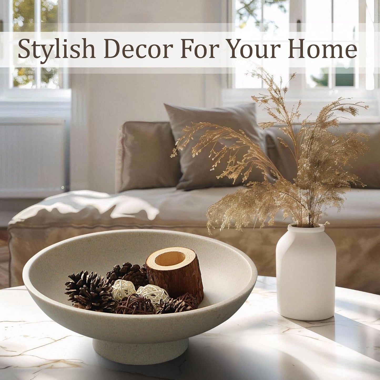 Modern Resin Pedestal Bowl – Large Fruit Bowl for Kitchen Counter, Catch All Tray for Entryway Table, Stylish Key Bowl & Dining Centerpiece, Beige