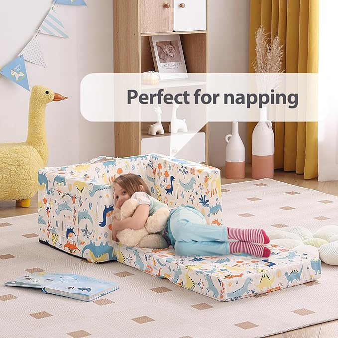 Tiita Toddler Chairs Sofa, 2-in-1 Kids Sofa Couch, Convertible Children Couch to Lounger, Flip Out Kids Sofa Chair, Toddler Armrest Chair Bed for Girl or Boy, White Dinosaur