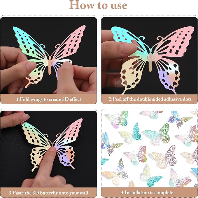SAOROPEB 3D Butterfly Wall Decor 48 Pcs 4 Styles 3 Sizes, Butterfly Birthday Decorations Butterfly Party Decorations Cake Decorations, Removable Stickers (Laser)